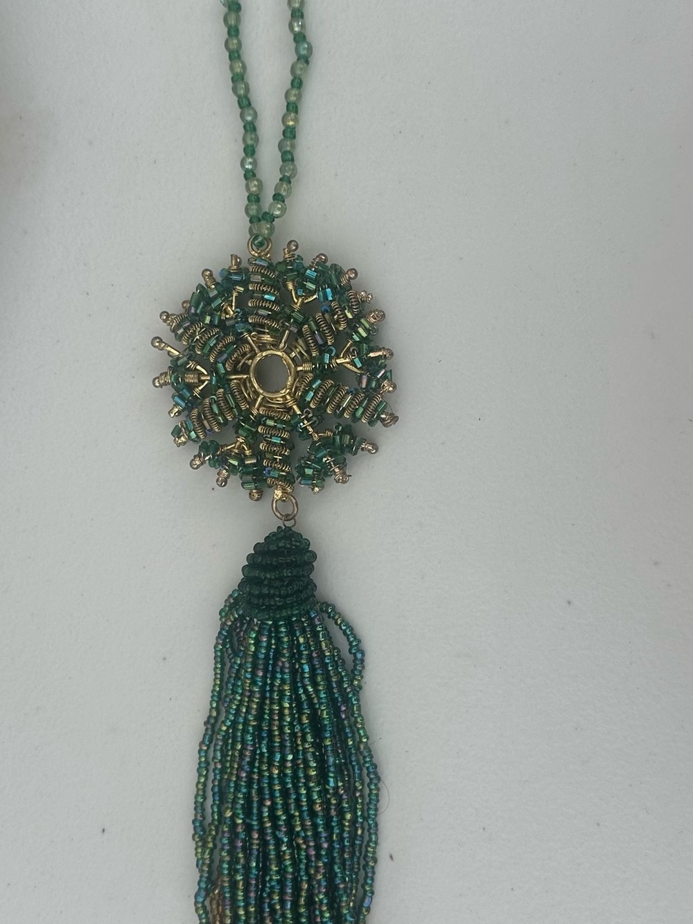 Green Beaded Tassel Pendant Necklace